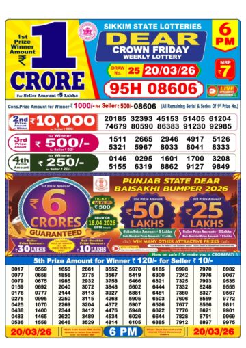 Dear Lottery Today Result 6PM 20 03 26