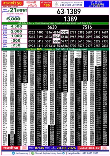 Rajshree 50 Lottery 7:30PM Result 20 03 26