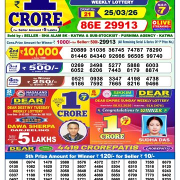 Dear Lottery Result Today 1PM 25 03 26
