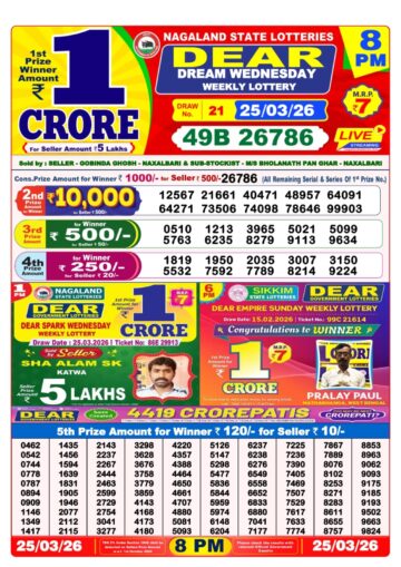 Dear Lottery Result 8PM 25 03 26