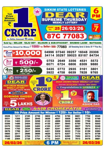 Dear Lottery Today Result 6PM 26 03 26