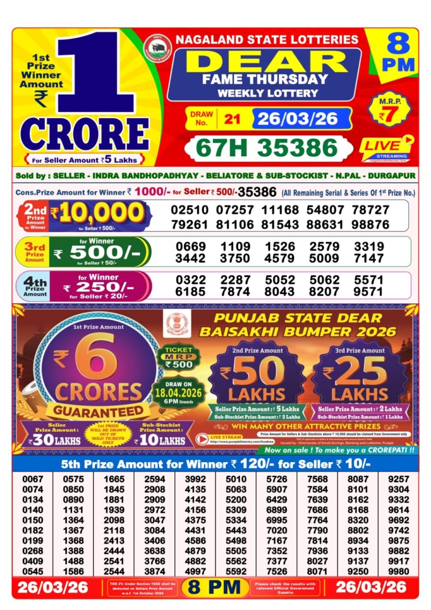 Dear Lottery Result 8PM 26 03 26