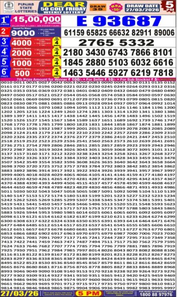 Punjab State Dear 50 Lottery 5PM Result 27 03 26