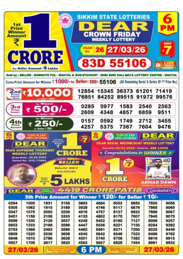 Dear Lottery Today Result 6PM 27 03 26