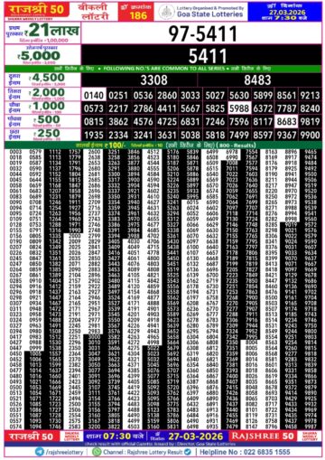 Rajshree 50 Lottery 7:30PM Result 27 03 26