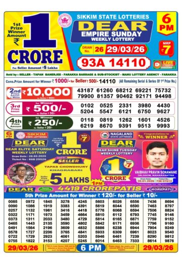 Dear Lottery Today Result 6PM 29 03 26