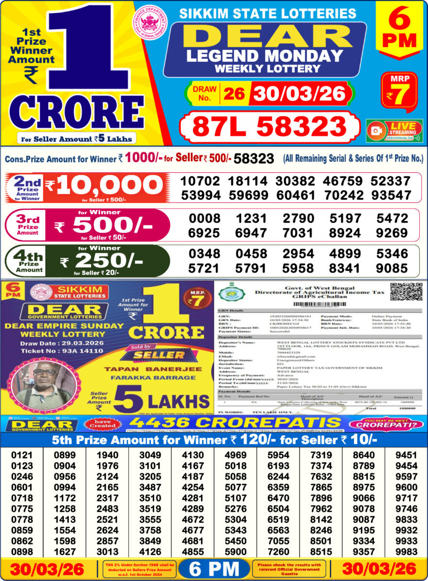 Dear Lottery Today Result 6PM 30 03 26