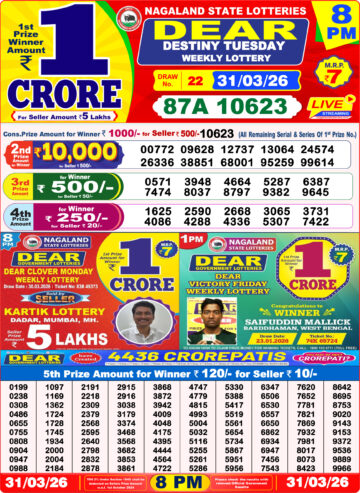 Dear Lottery Result 8PM 31 03 26