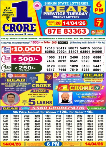 Dear Lottery Today Result 6PM 14 04 26