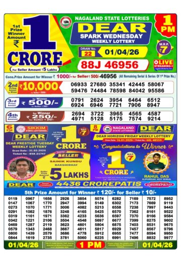 Dear Lottery Result Today 1PM 01 04 26