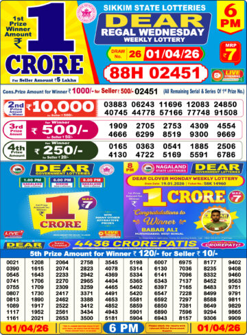 Dear Lottery Today Result 6PM 01 04 26