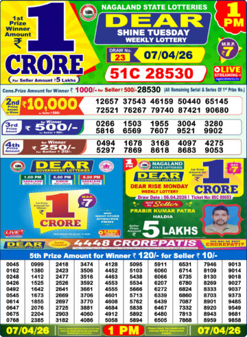 Dear Lottery Result Today 1PM 07 04 26