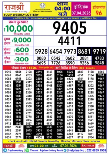Rajshree Daily 4PM Result 07 04 26