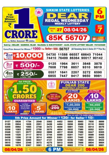 Dear Lottery Today Result 6PM 08 04 26