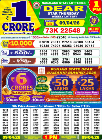 Dear Lottery Result Today 1PM 09 04 26
