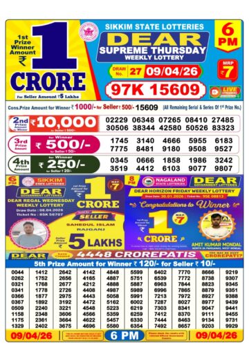 Dear Lottery Today Result 6PM 09 04 26