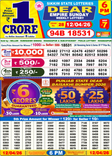 Dear Lottery Today Result 6PM 12 04 26