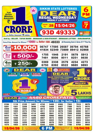 Dear Lottery Today Result 6PM 15 04 26