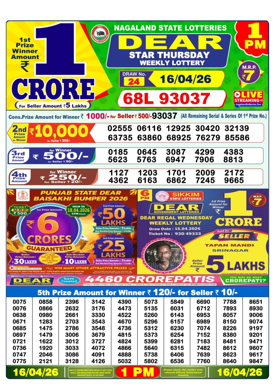 Dear Lottery Result Today 1PM 16 04 26
