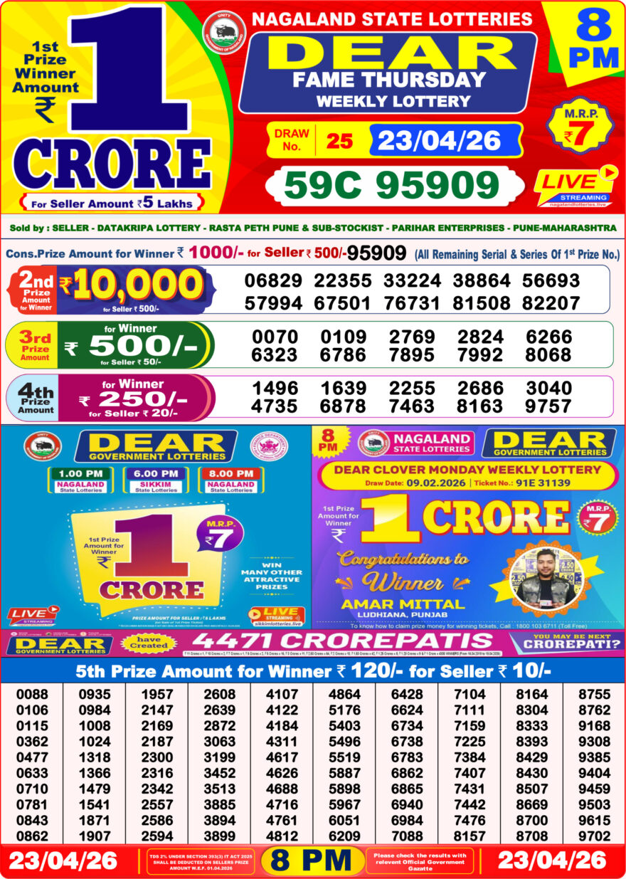 Dear Lottery Result 8PM 23 04 26