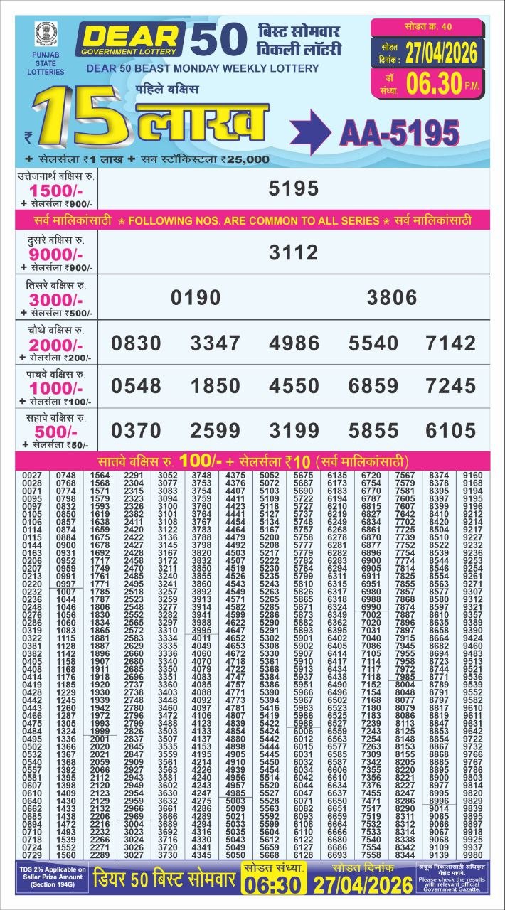 Punjab State Dear 50 Lottery 6:30PM Result 27 04 26