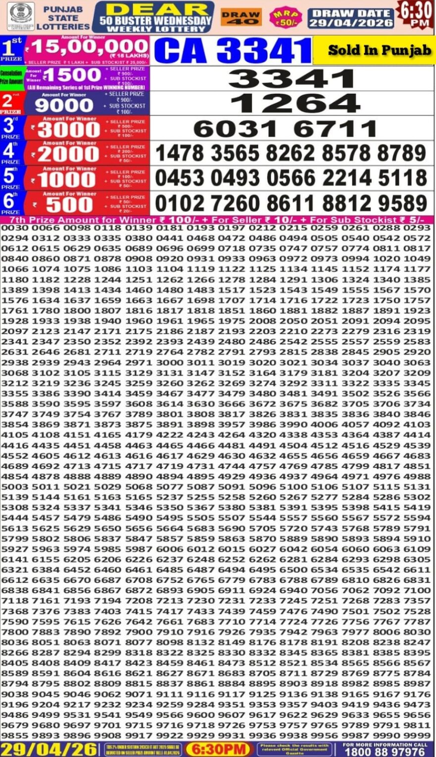 Punjab State Dear 50 Lottery 6:30PM Result 29 04 26