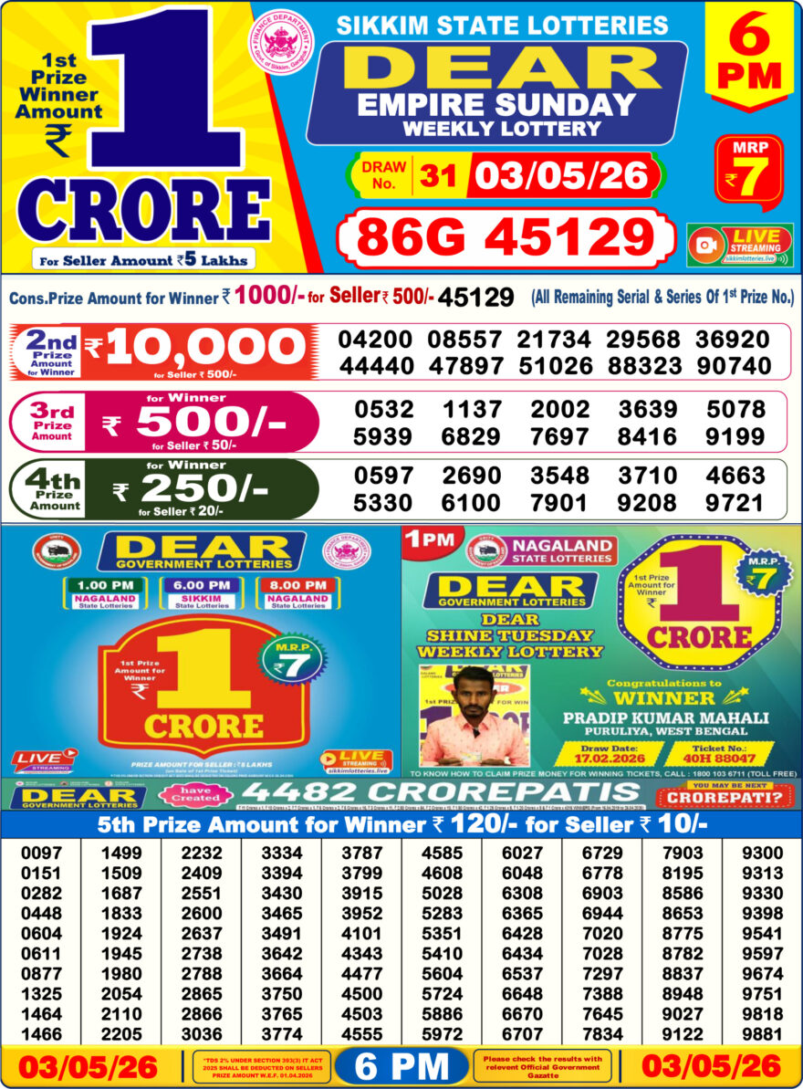 Dear Lottery Today Result 6PM 03 05 26