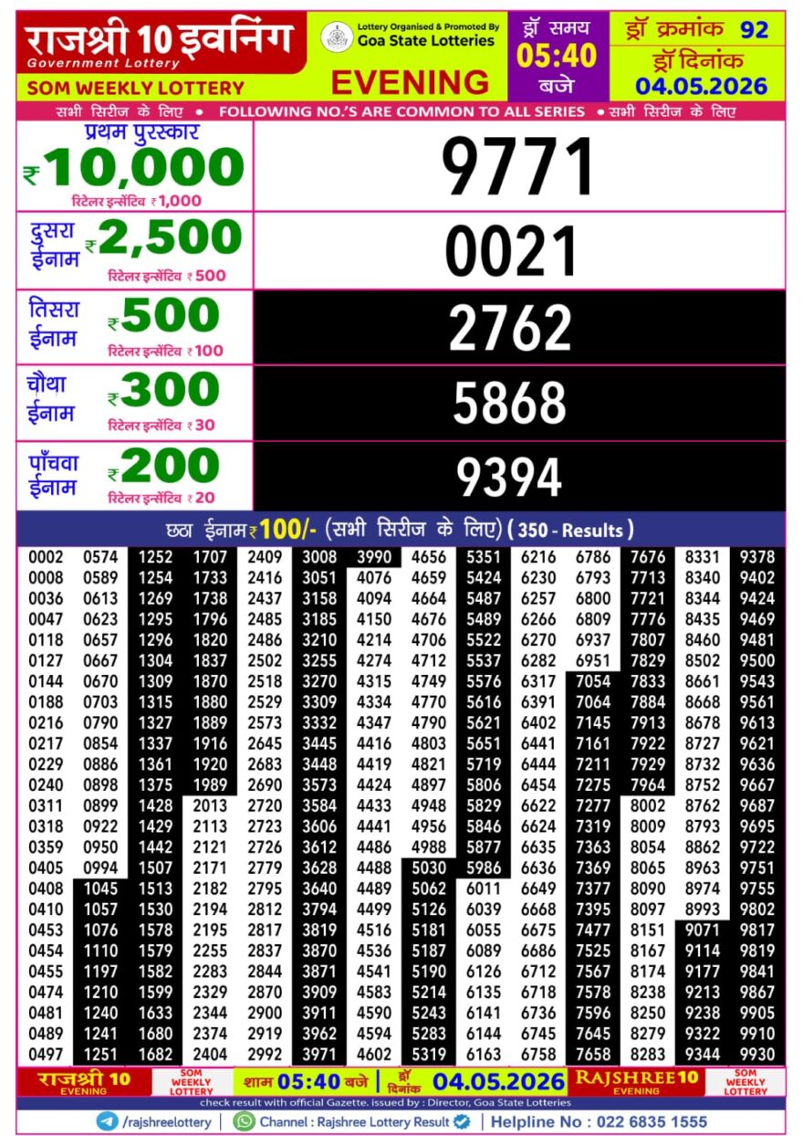 Rajshree 10 Evening 5:40PM Result 04 05 26