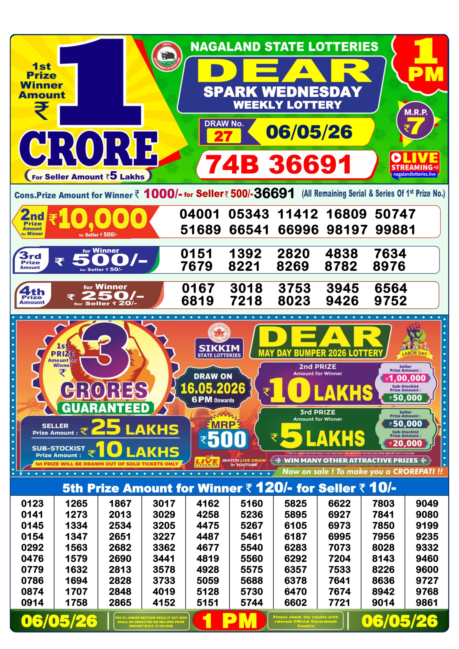 Dear Lottery Result Today 1PM 06 05 26
