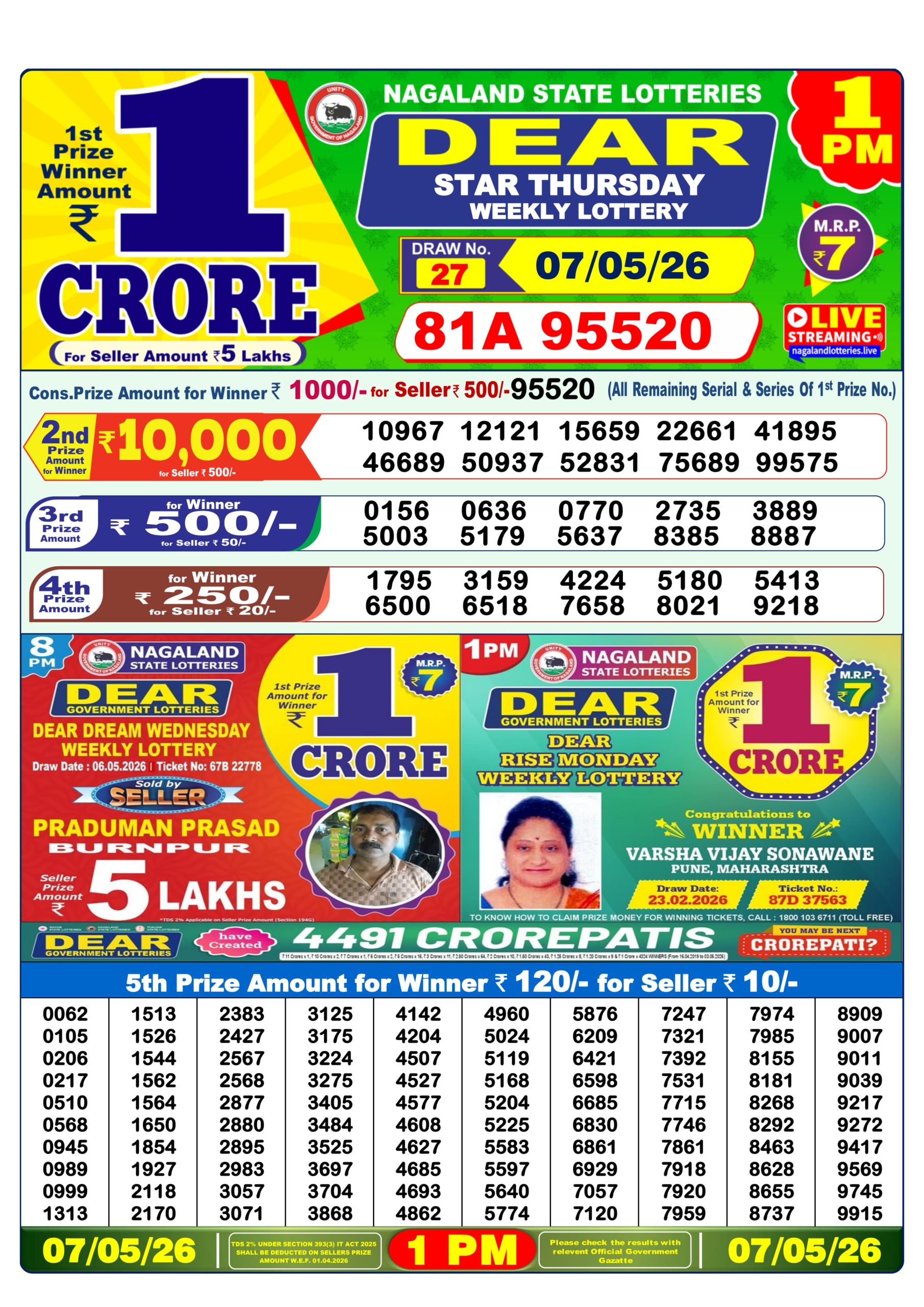 Dear Lottery Result Today 1PM 07 05 26