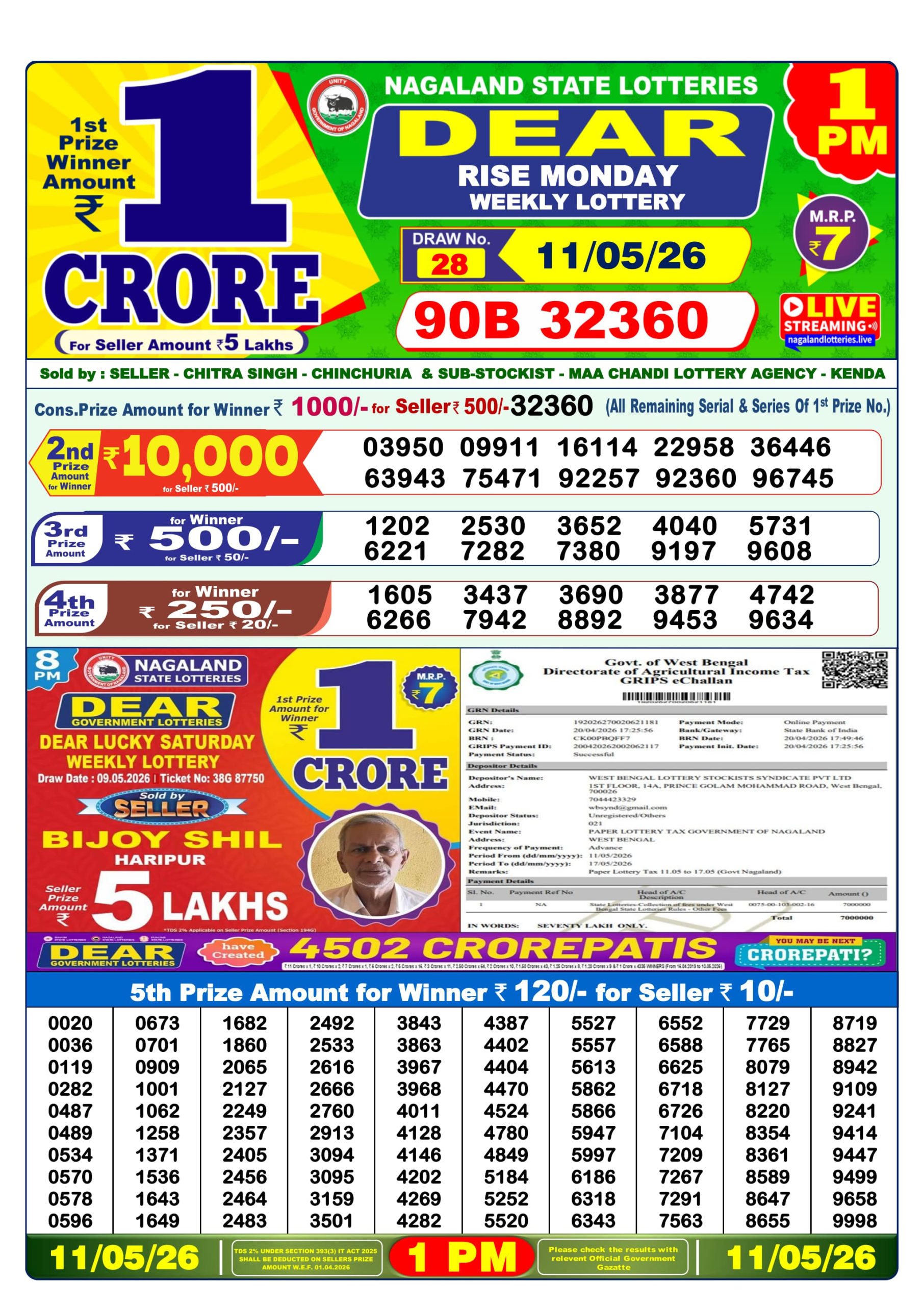 Dear Lottery Result Today 1PM 11 05 26