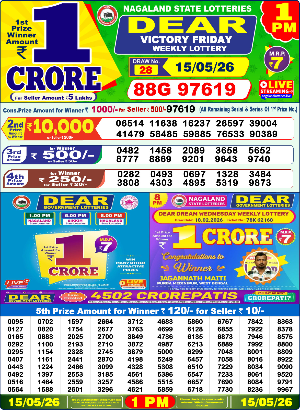 Dear Lottery Result Today 1PM 15 05 26
