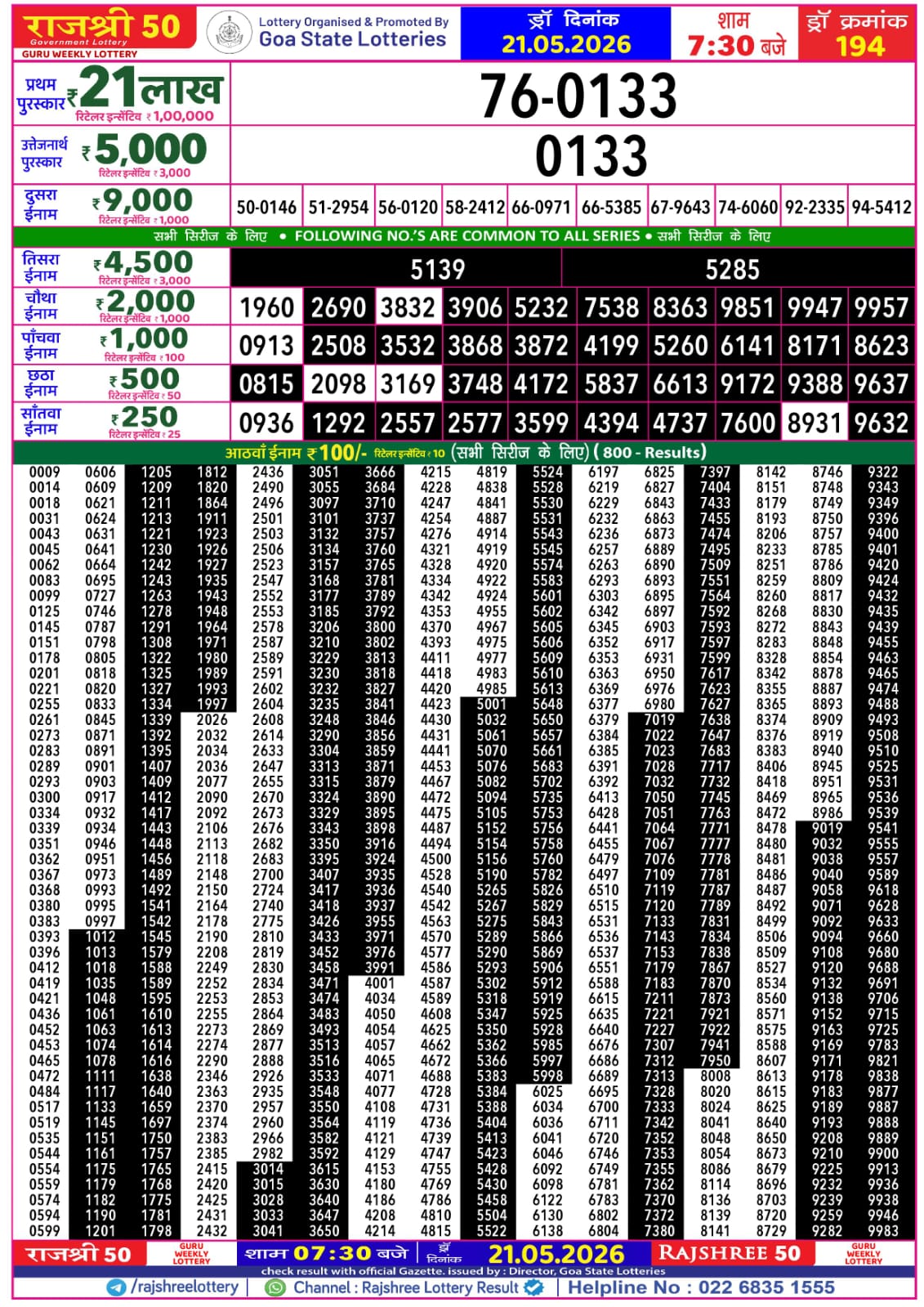Rajshree 50 Lottery 7:30PM Result 21 05 26