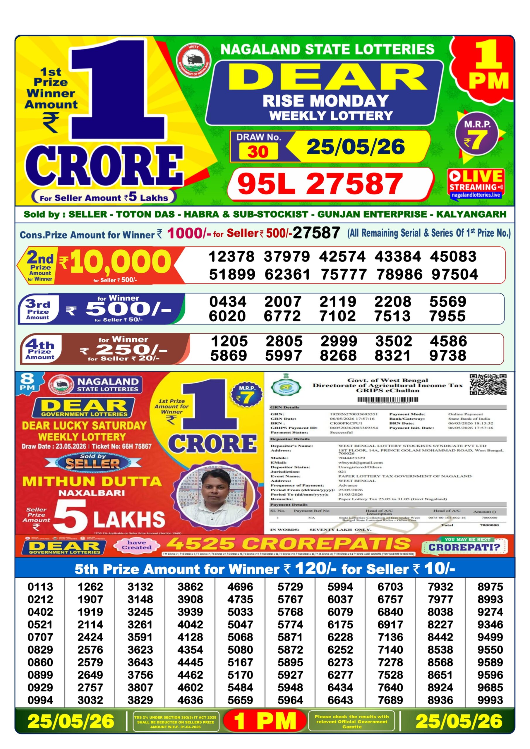 Dear Lottery Result Today 1PM 25 05 26