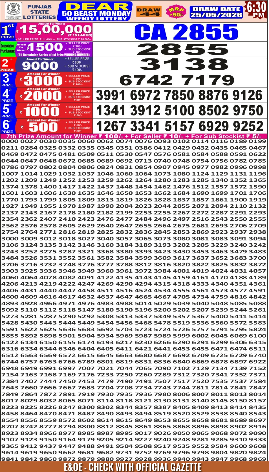 Punjab State Dear 50 Lottery 6:30PM Result 25 05 26