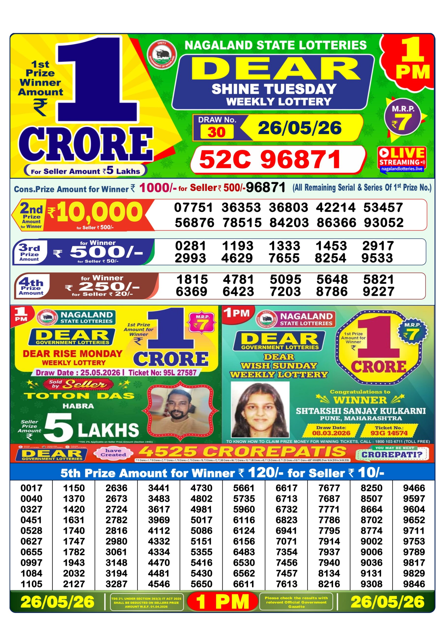 Dear Lottery Result Today 1PM 26 05 26