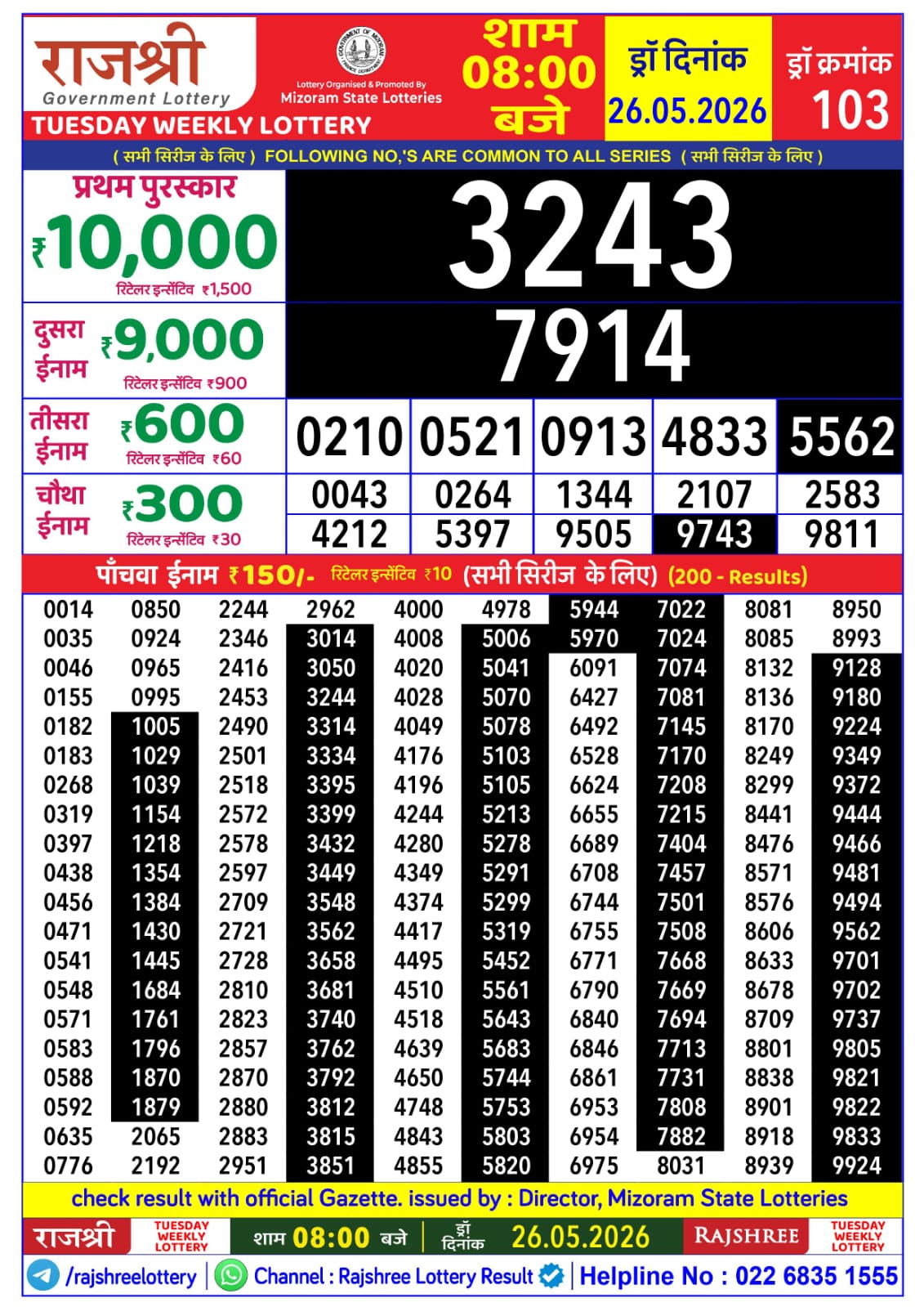 Rajshree Daily 8PM Result 26 05 26