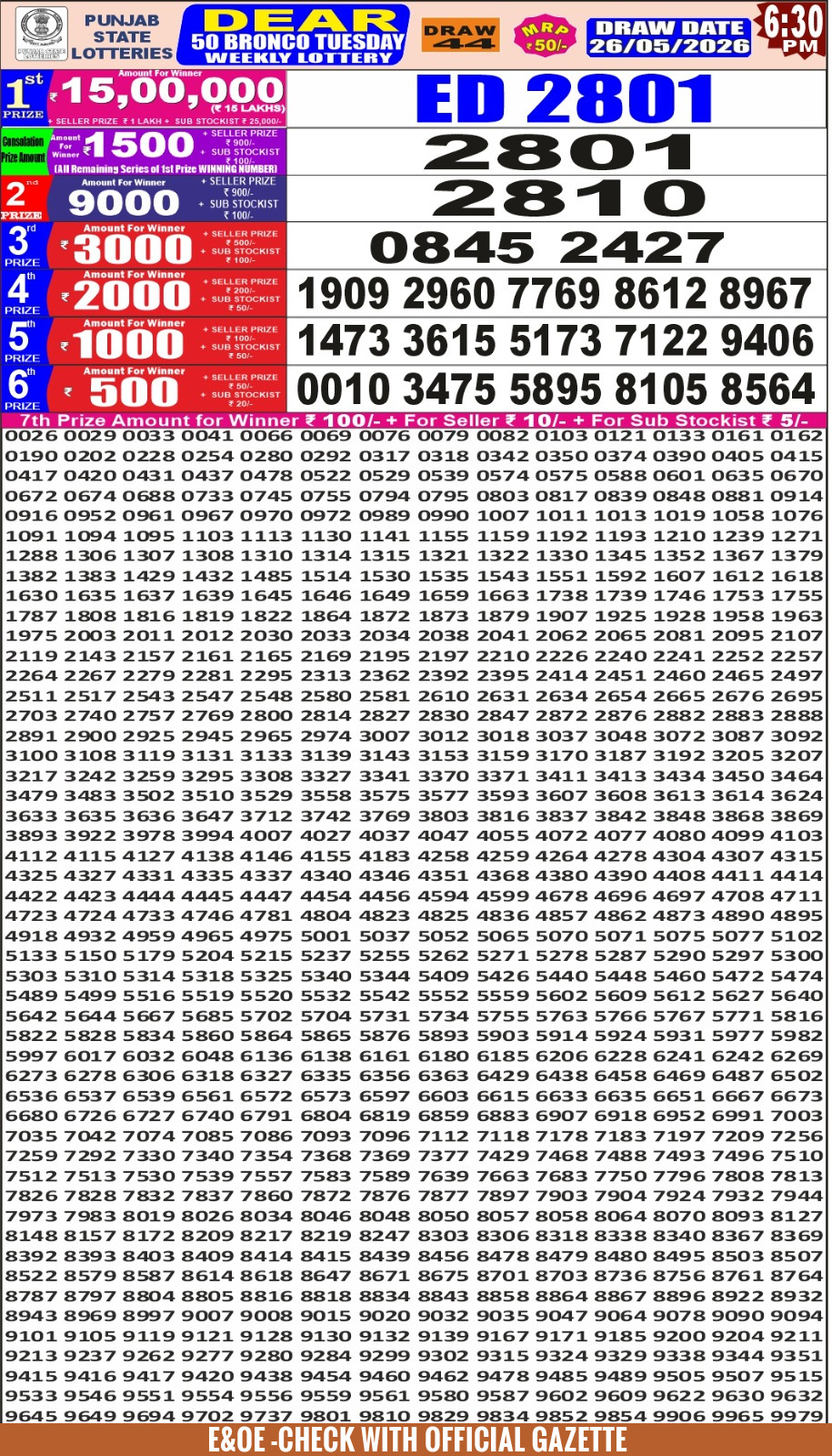 Punjab State Dear 50 Lottery 6:30PM Result 26 05 26