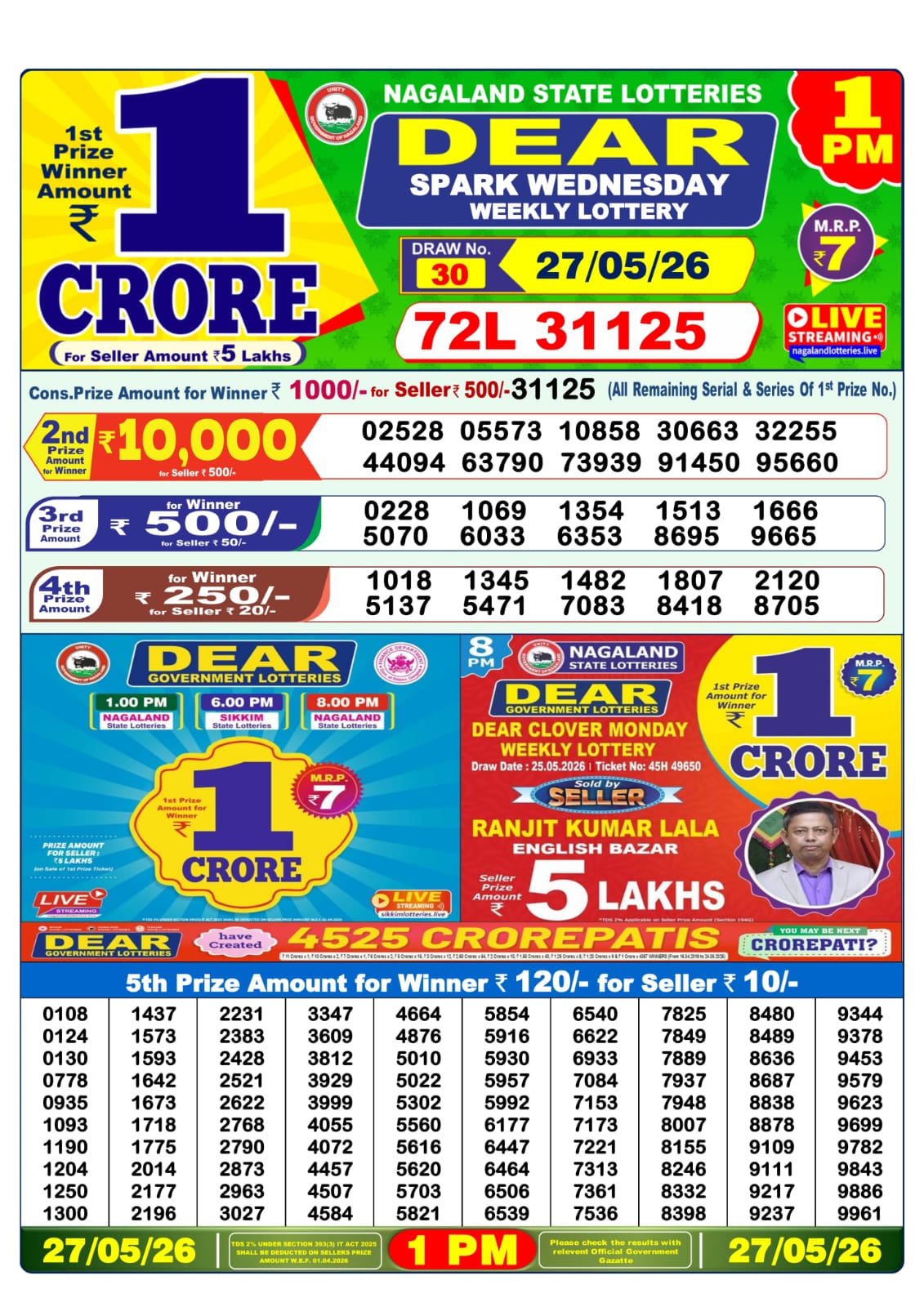Dear Lottery Result Today 1PM 27 05 26