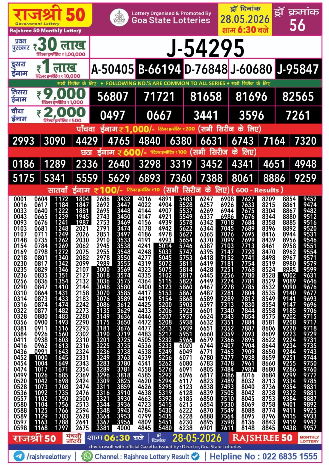 Rajshree 50 Monthly Lottery Result 28 05 26