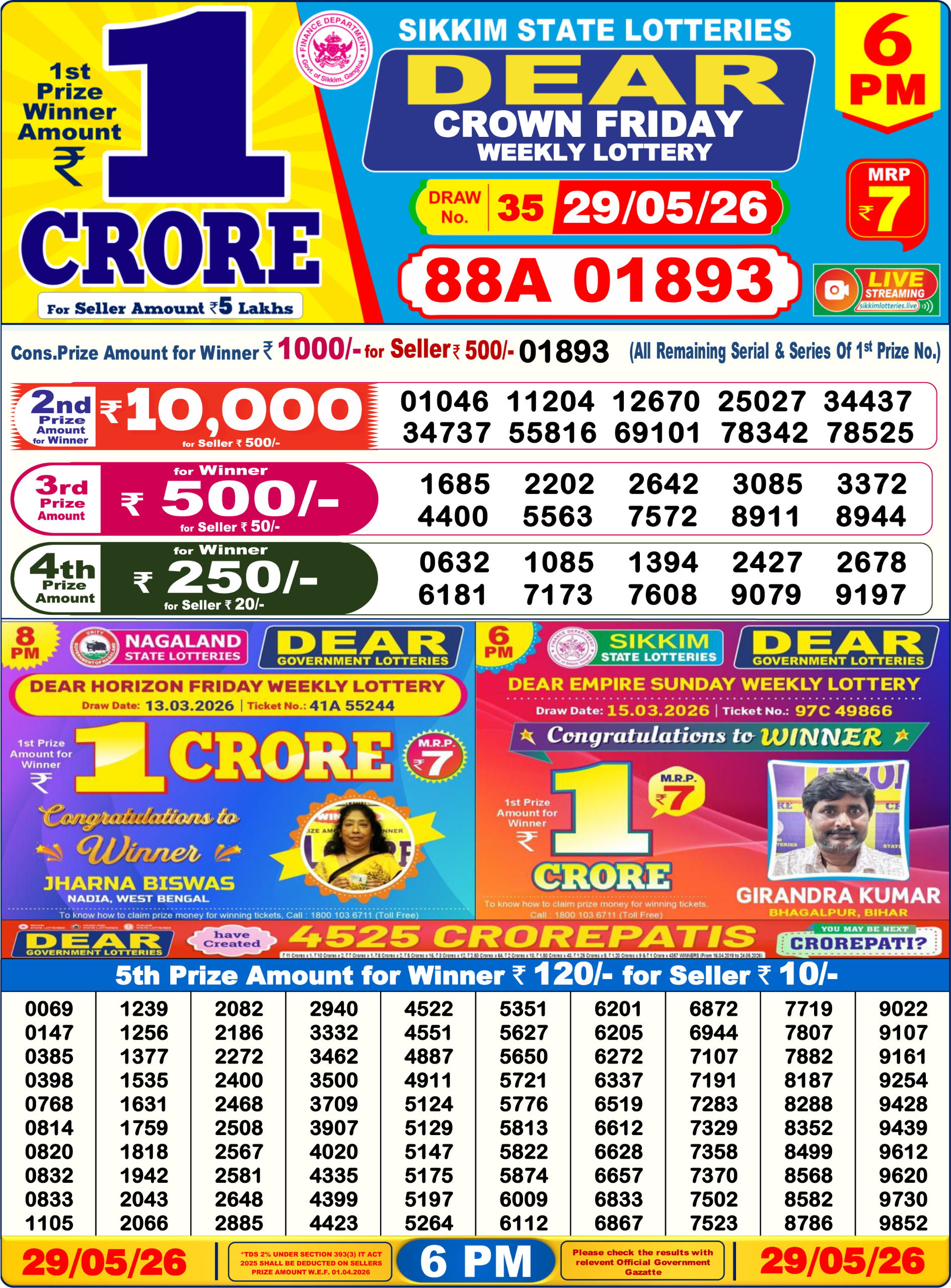 Dear Lottery Today Result 6PM 29 05 26