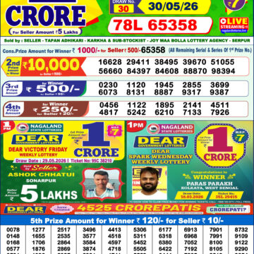 Dear Lottery Result Today 1PM 30 05 26