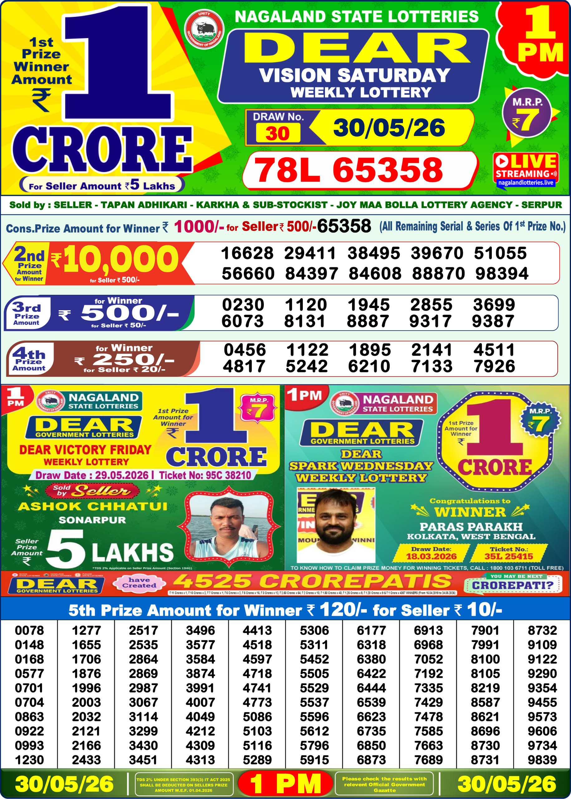 Dear Lottery Result Today 1PM 30 05 26