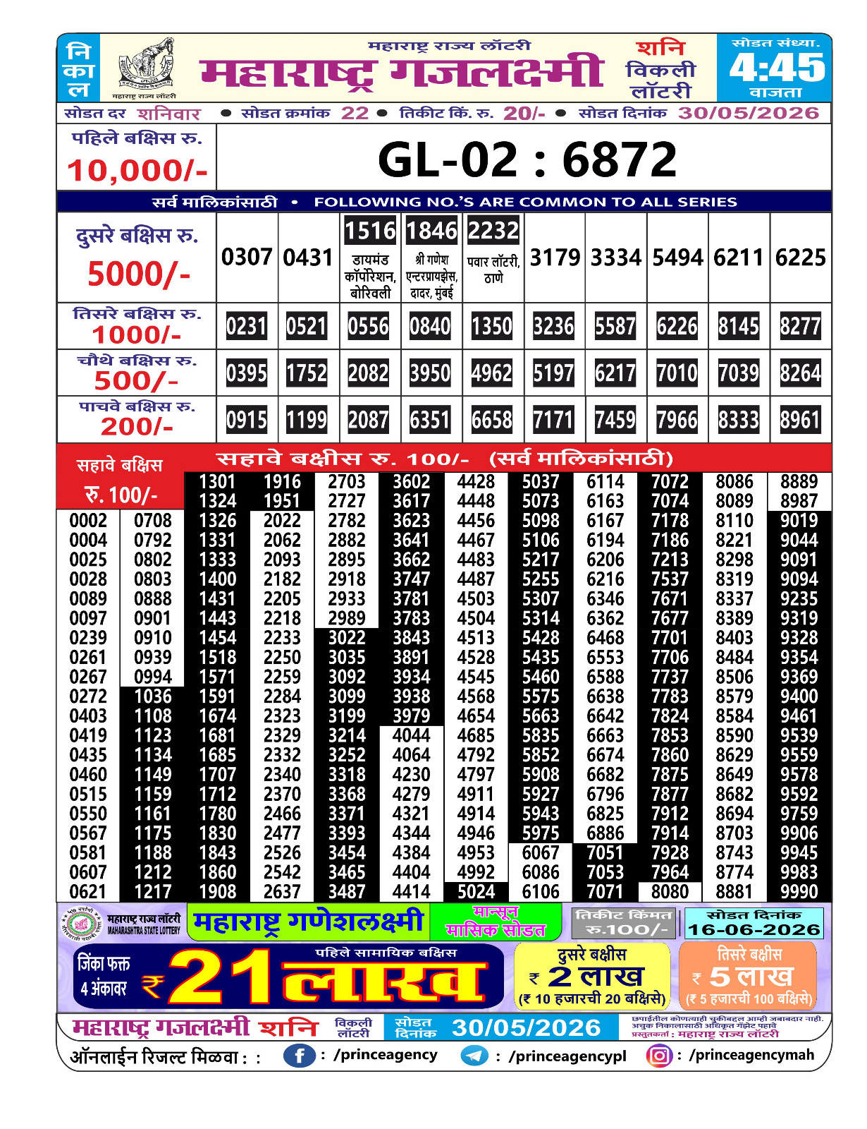 Maharashtra Gajlaxmi Lottery Result 30 05 26