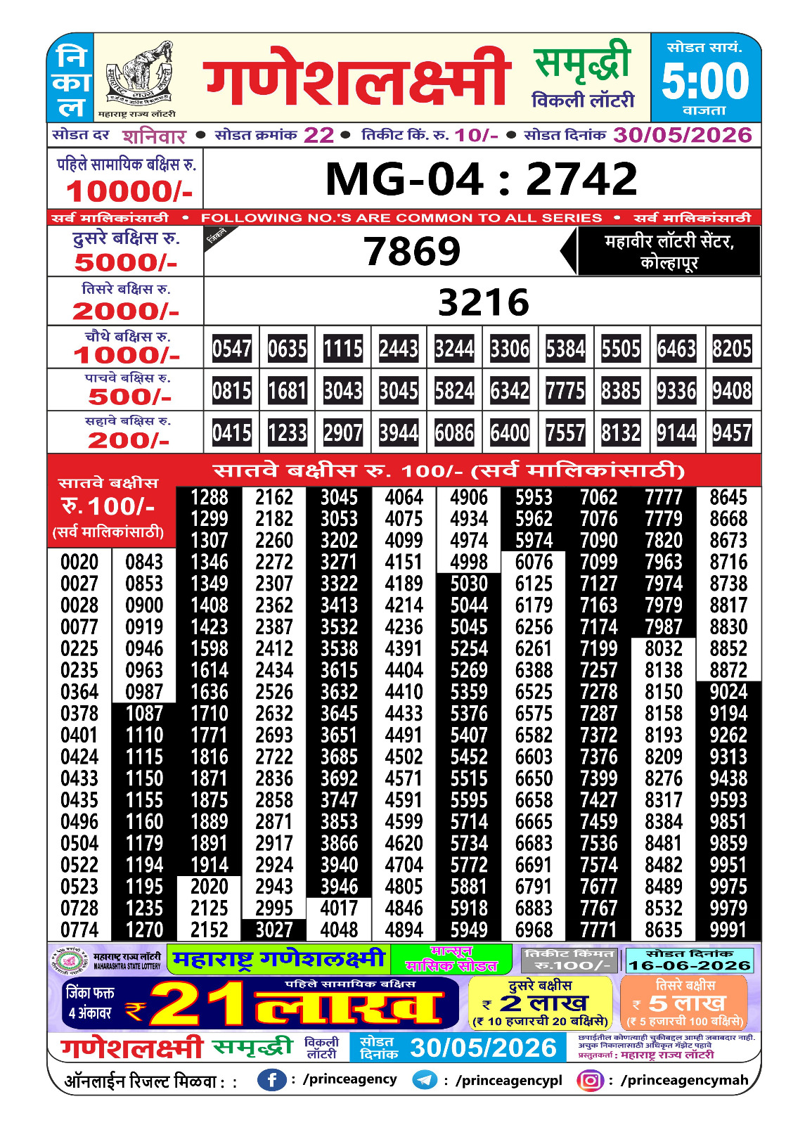 Maharashtra Ganesh Laxmi Lottery Result 30 05 26