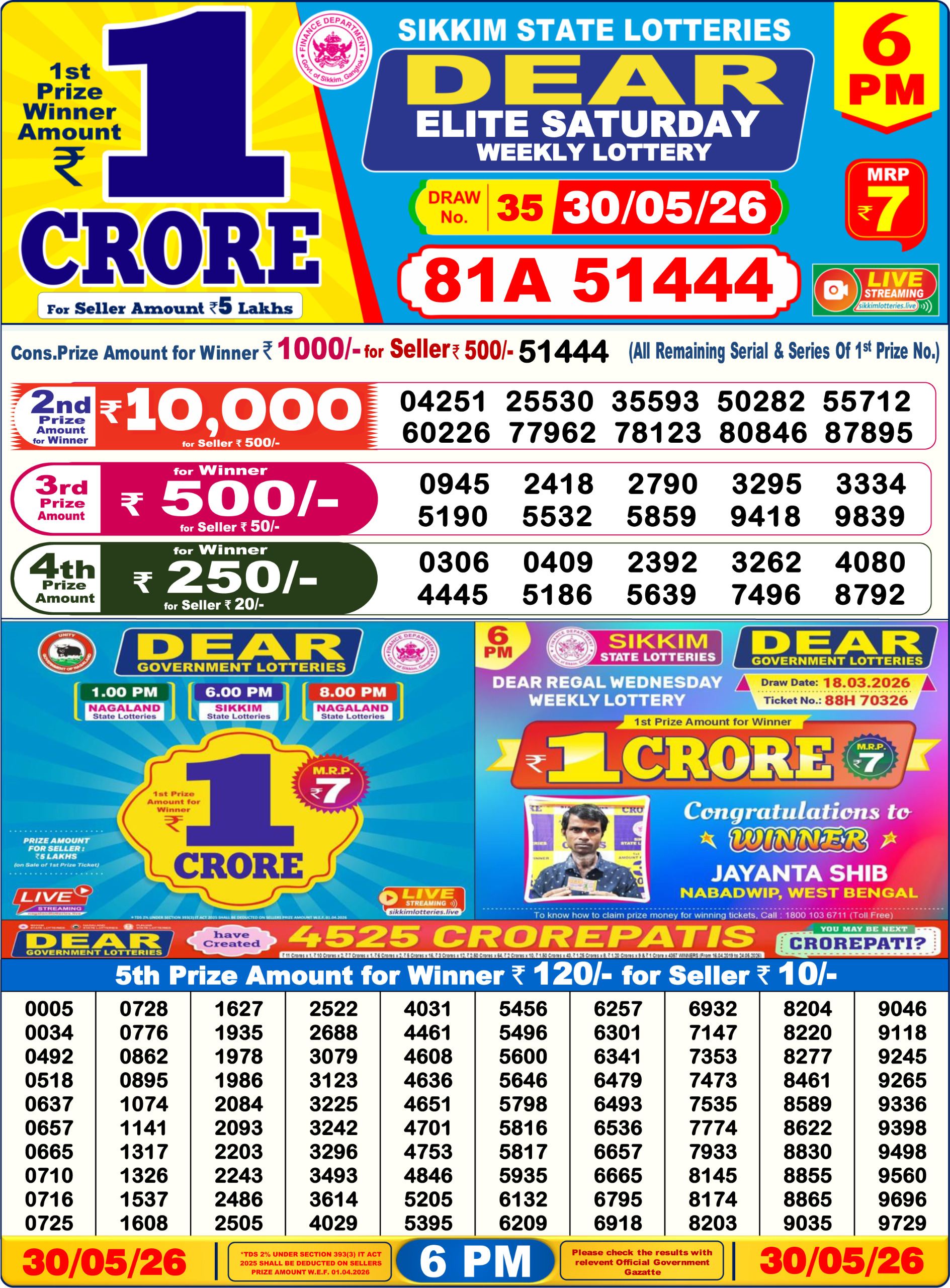 Dear Lottery Today Result 6PM 30 05 26