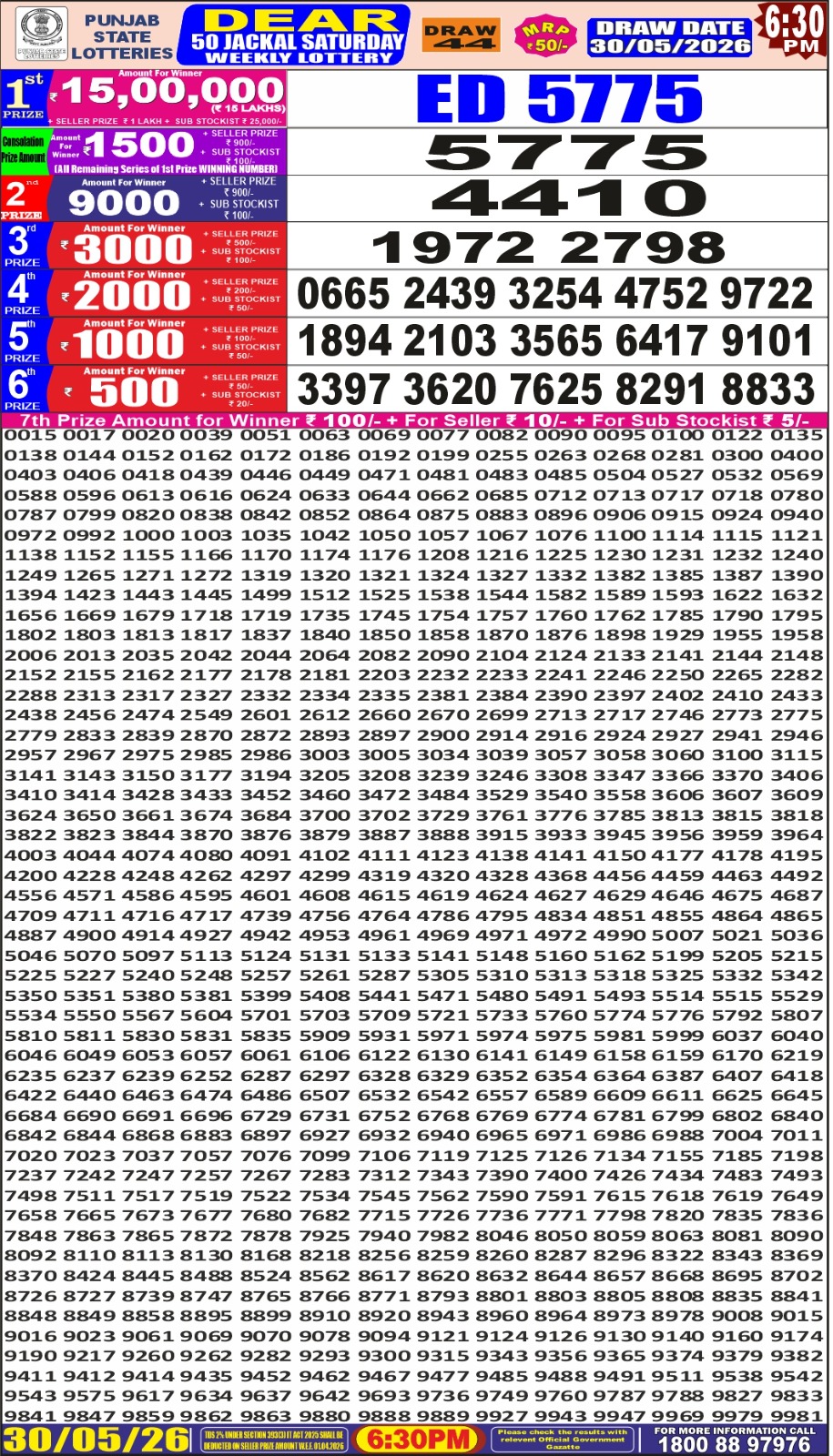 Punjab State Dear 50 Lottery 5PM Result 30 05 26