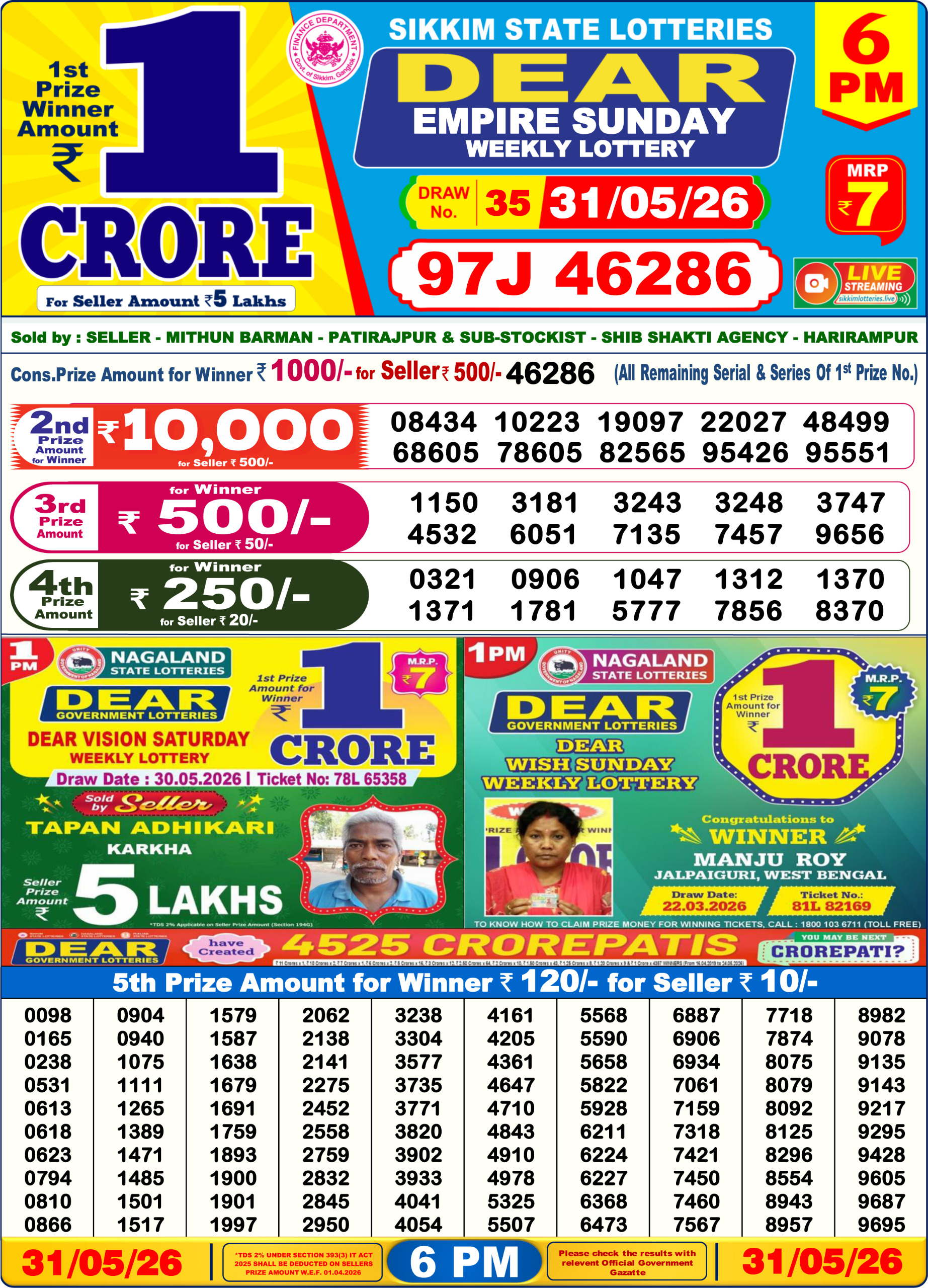 Dear Lottery Today Result 6PM 31 05 26