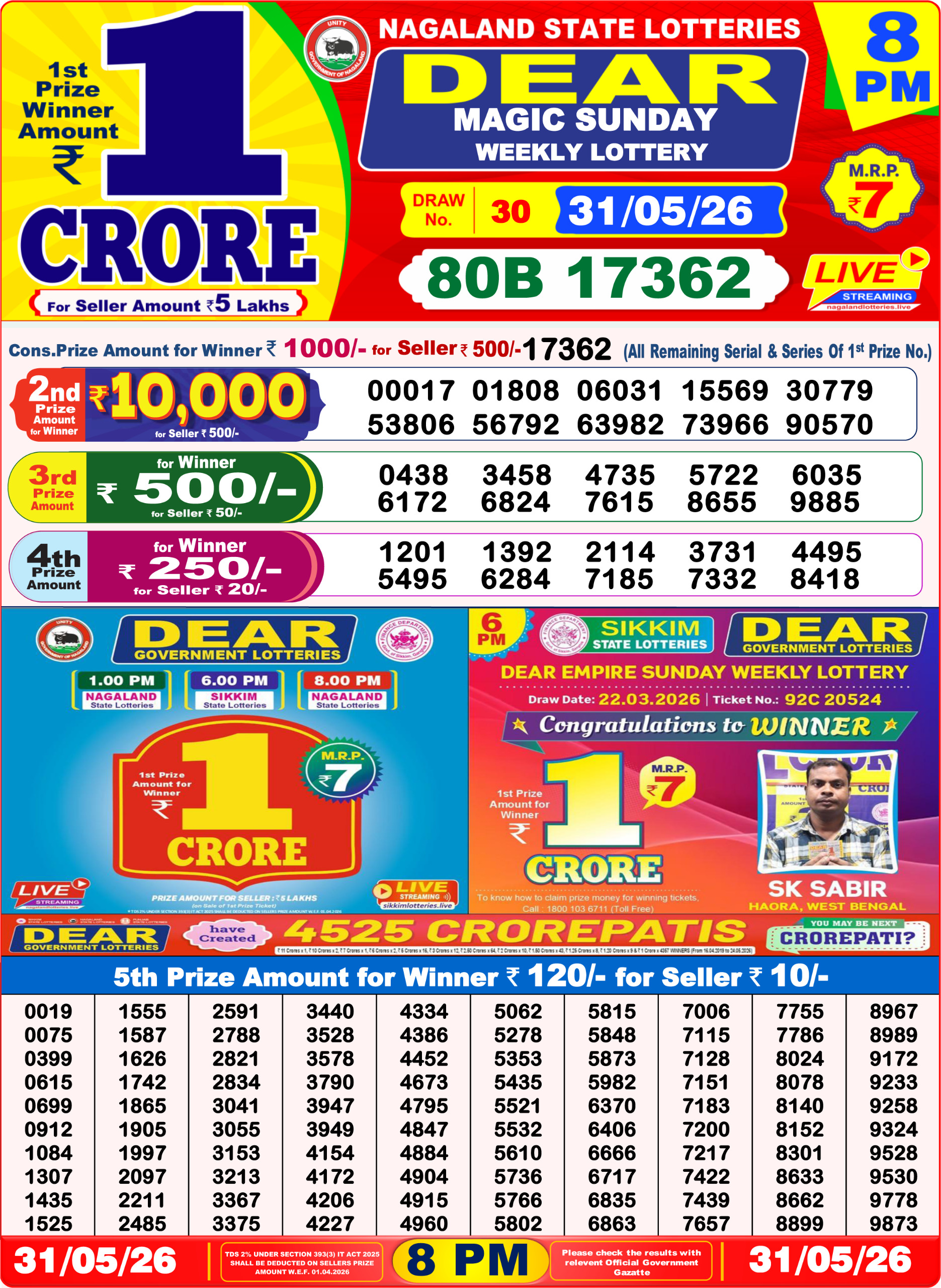 Dear Lottery Result 8PM 31 05 26
