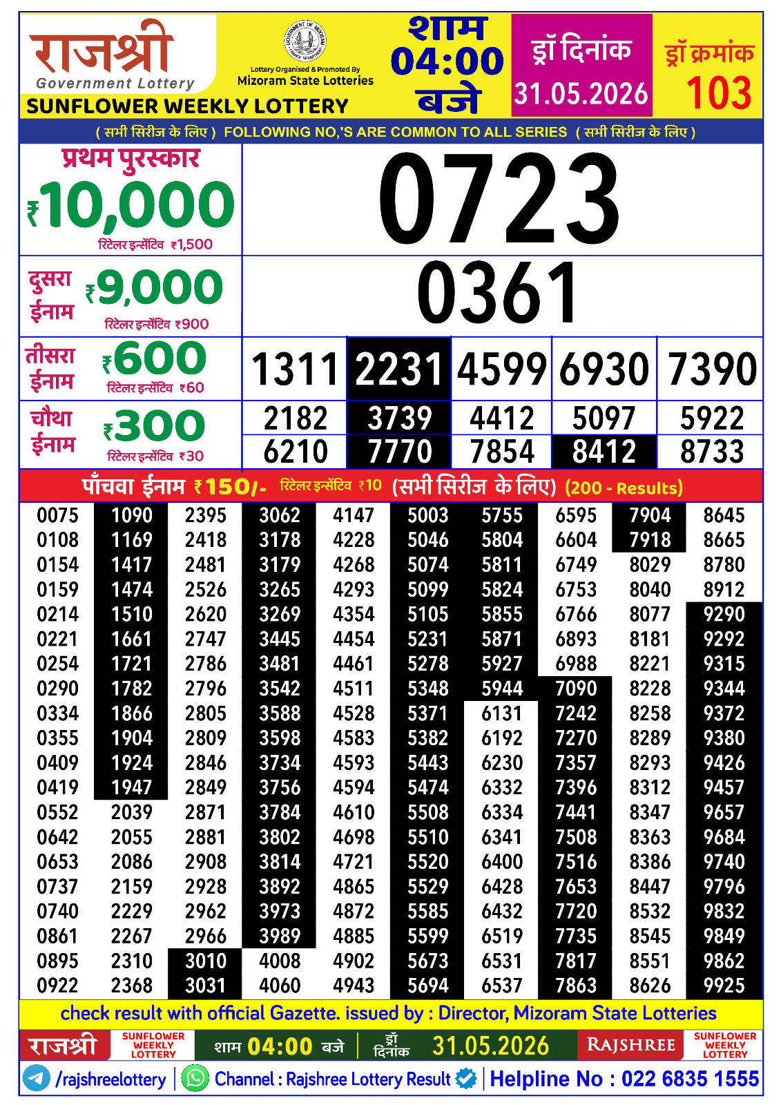 Rajshree Daily 4PM Result 31 05 26